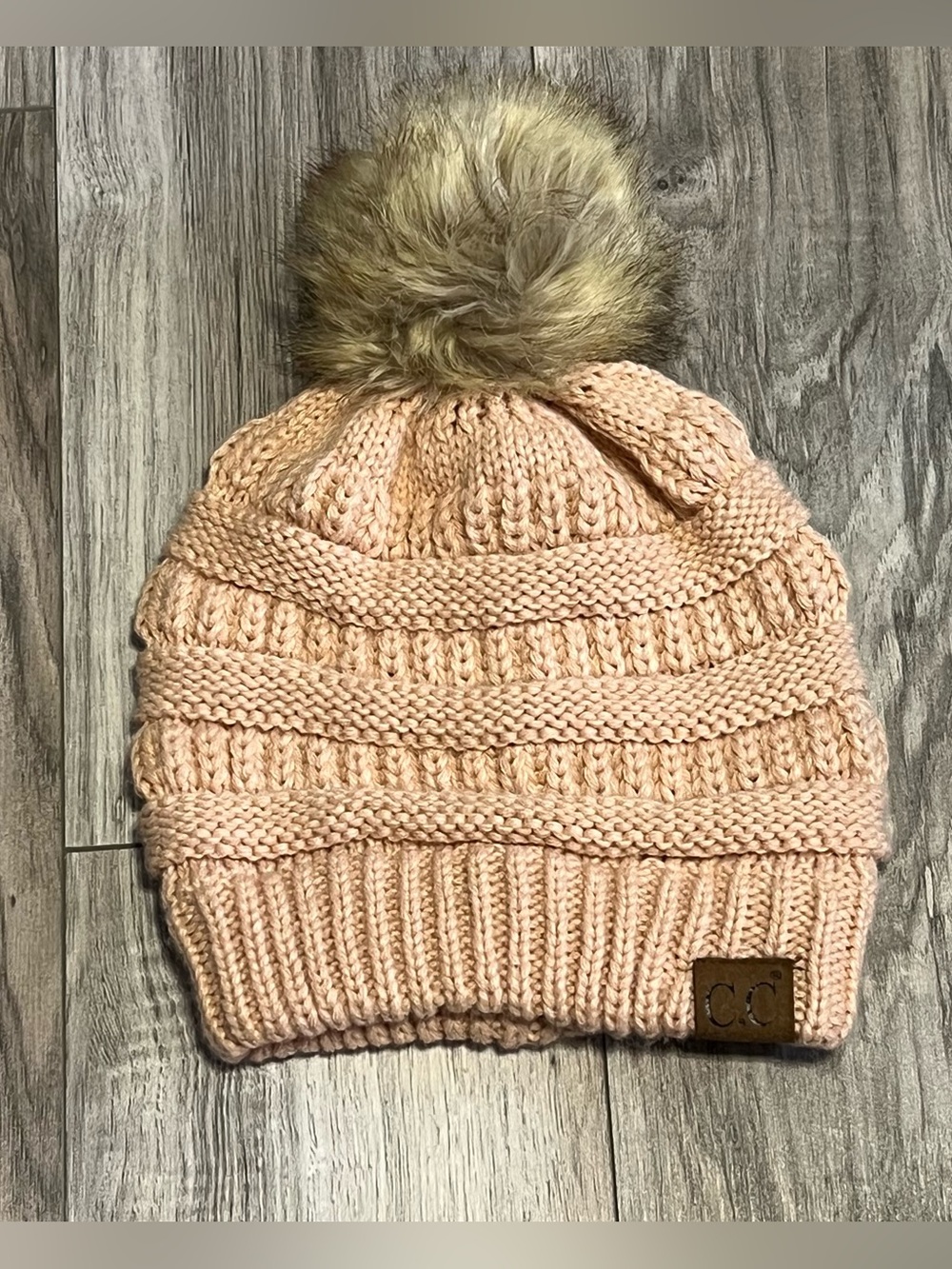 CC Boutique Creamy Pink Knit Pom Beanie